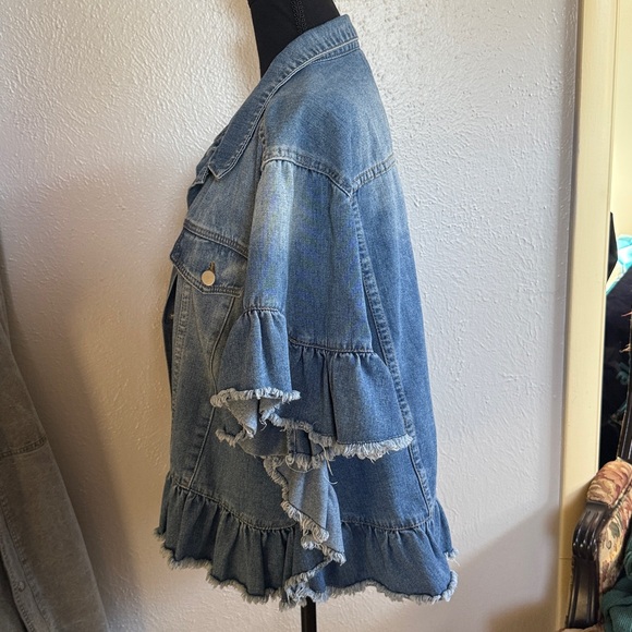 Hayden Blue Denim Jacket with Ruffle Accents - Picture 2 of 5